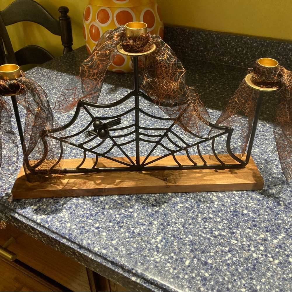 Halloween Metal/Wood 3 Candle Candelabra Super Cute Comes w Ribbon